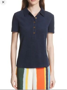 Tory Burch “Polo” Casual Cotton T-shirt with gold button embellishment in Black